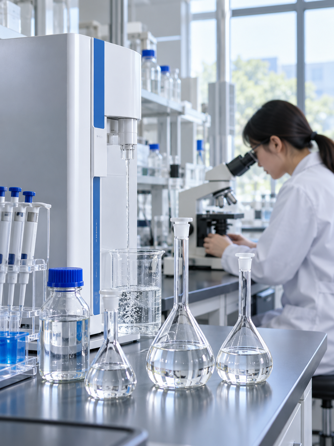 配备超纯水设备、玻璃器皿与显微镜的分析实验室